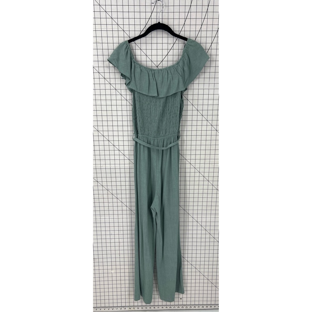 Monteau Los Angeles, Green Wide Leg Belted Jumpsuit L Gem